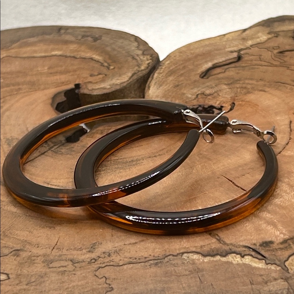 Tortoise Shell Acrylic 2 1/2 inch Hoop Earrings